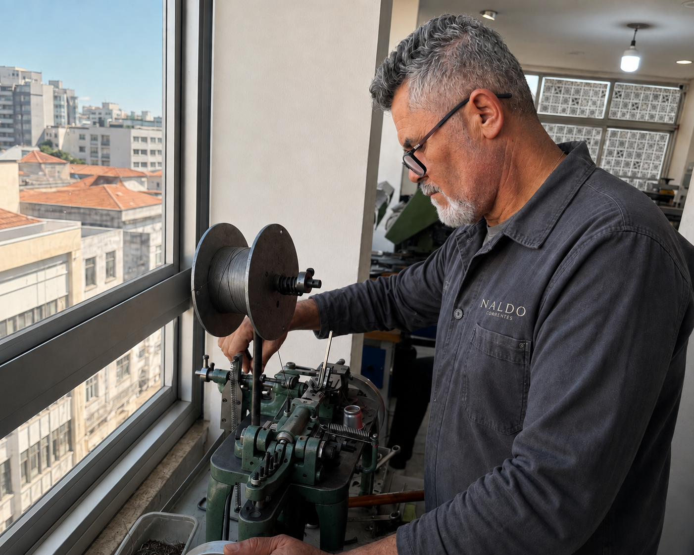 Profissional da Naldo operando uma máquina na fábrica de correntes